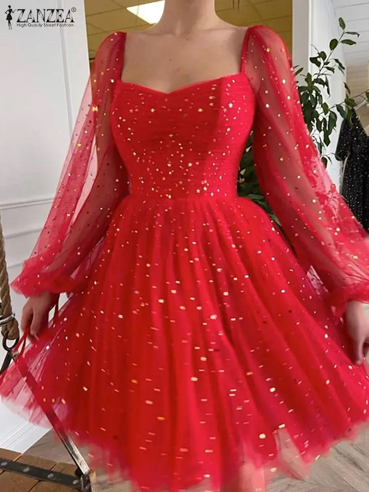ZANZEA Elegant Women Dress 2024 Spring Summer Lace Patchwork Knee Length Dresses Casual Solid Long Sleeve A-line Oversized Robe