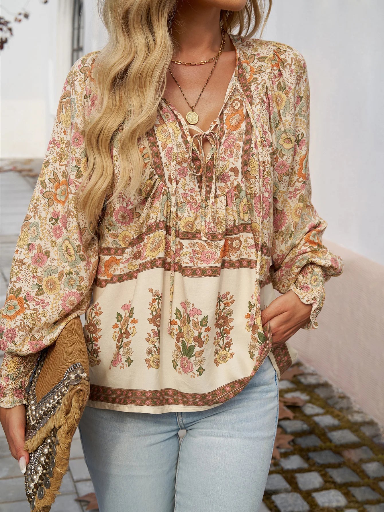 2025 Spring Summer Printed Shirt Women Elegant Chiffon V-neck Long-sleeve Top