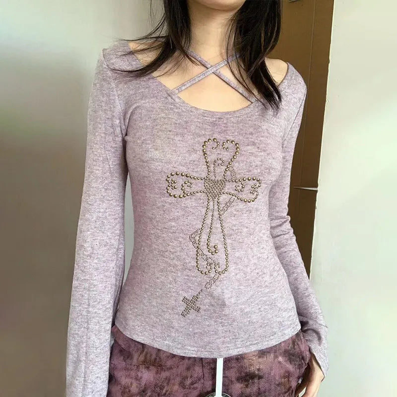 Karrram Japanese Y2k Knitted Tops Grunge Aesthetics Flare Sleeve T-shirts Vintage Harajuku Purple Knitwear American Retro 2000s