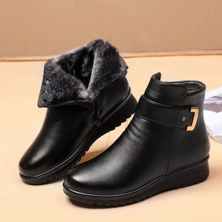 Warm Leather Flat Ankle Boots With Side Zipper for Women