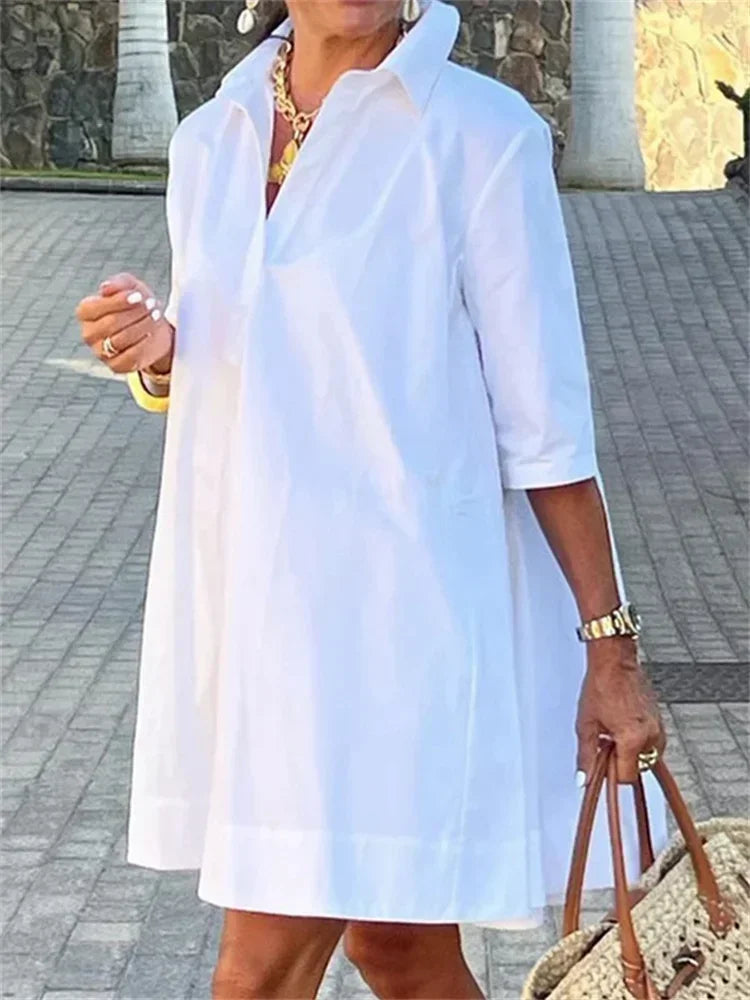 Fashion Women's White Shirt Dress Summer Half Sleeves Loose Solid Color Lapel Loose Casual Deep V-neck Mini Dresses