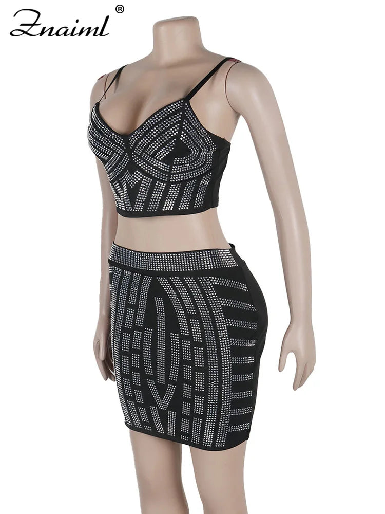 Znaiml Women Summer Two 2 Piece Dress Birthday Outfits Night Club Sparkle Black Rhinestone Crop Top and Mini Skirt Matching Set