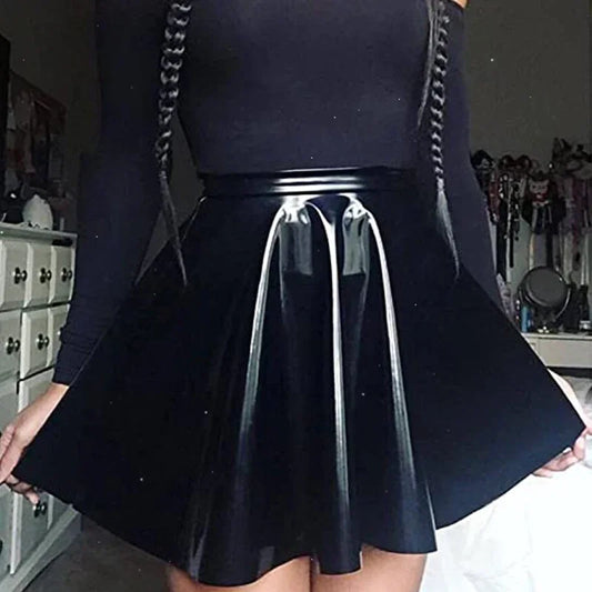 Women Gothic PVC A-line Skating Skirt Shiny Patent Leather Pleated Skirt Ladies High Waist Faux Latex Mini Skirt Custom Clubwear