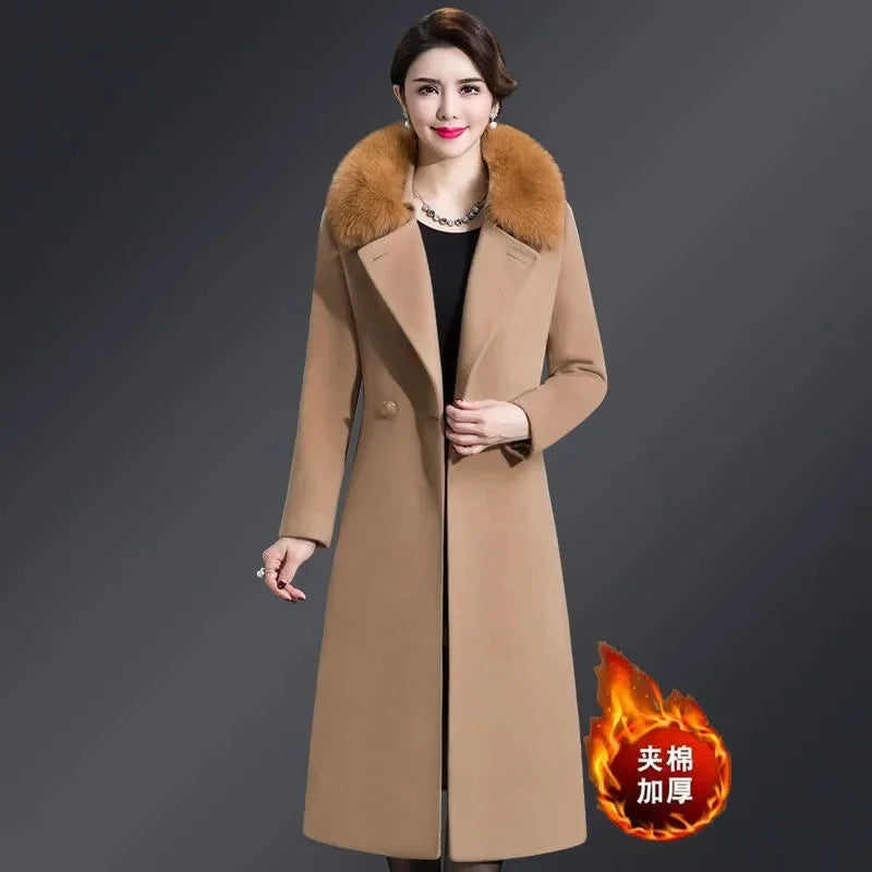 High Quality Big Fur Collar Woolen Coat Women Belt Knee-Length Double Breasted Mid-Long Woolen Jacket For Autumn Winter Outcoat