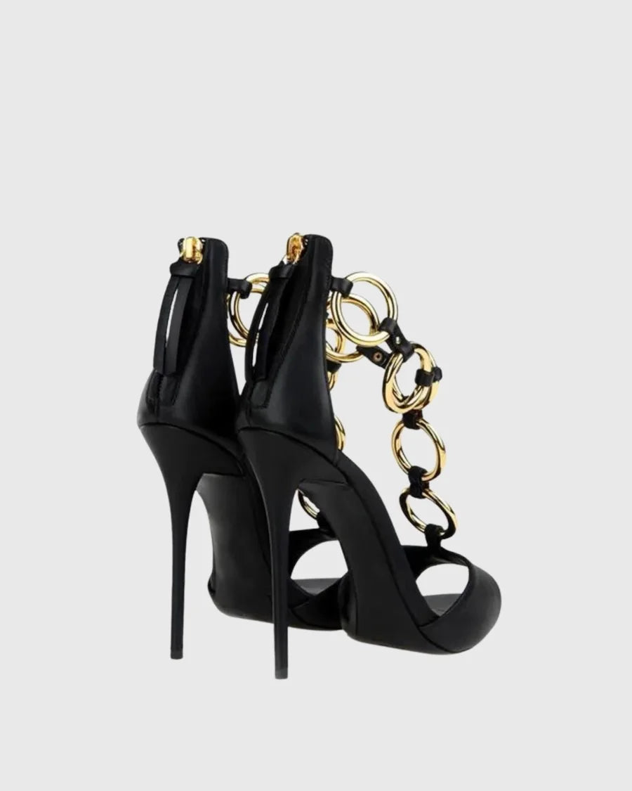 Black Leather Chain Link Peep Toe Stiletto Sandals for Women