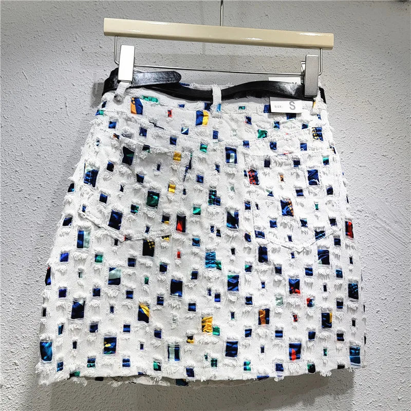Design denim short skirt hip skirt a word 2024 new burned flower wear trend personalized niche women's clothing