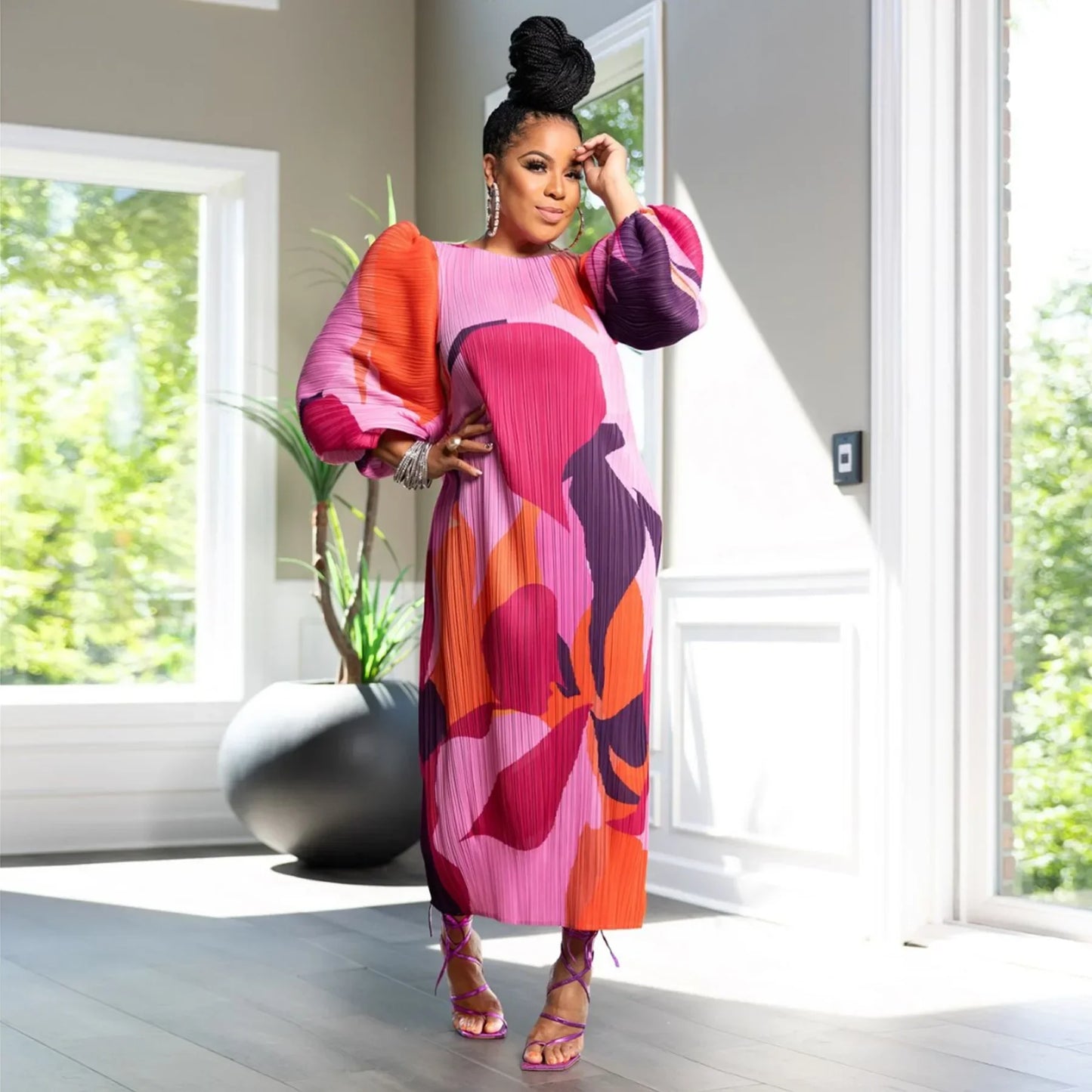 Lantern sleeve pleated dress