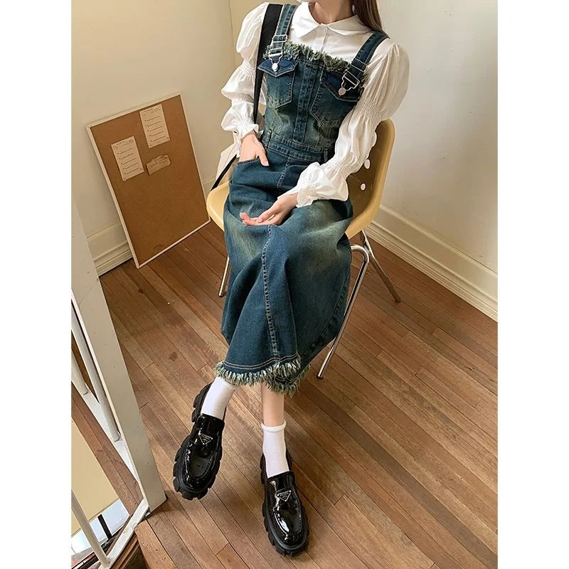2023 New Women's Spaghetti Strap Denim Strap Two Piece Set Sling Dress Denim Suit Jeans Dress And White Shirt SRetro Denim Dress