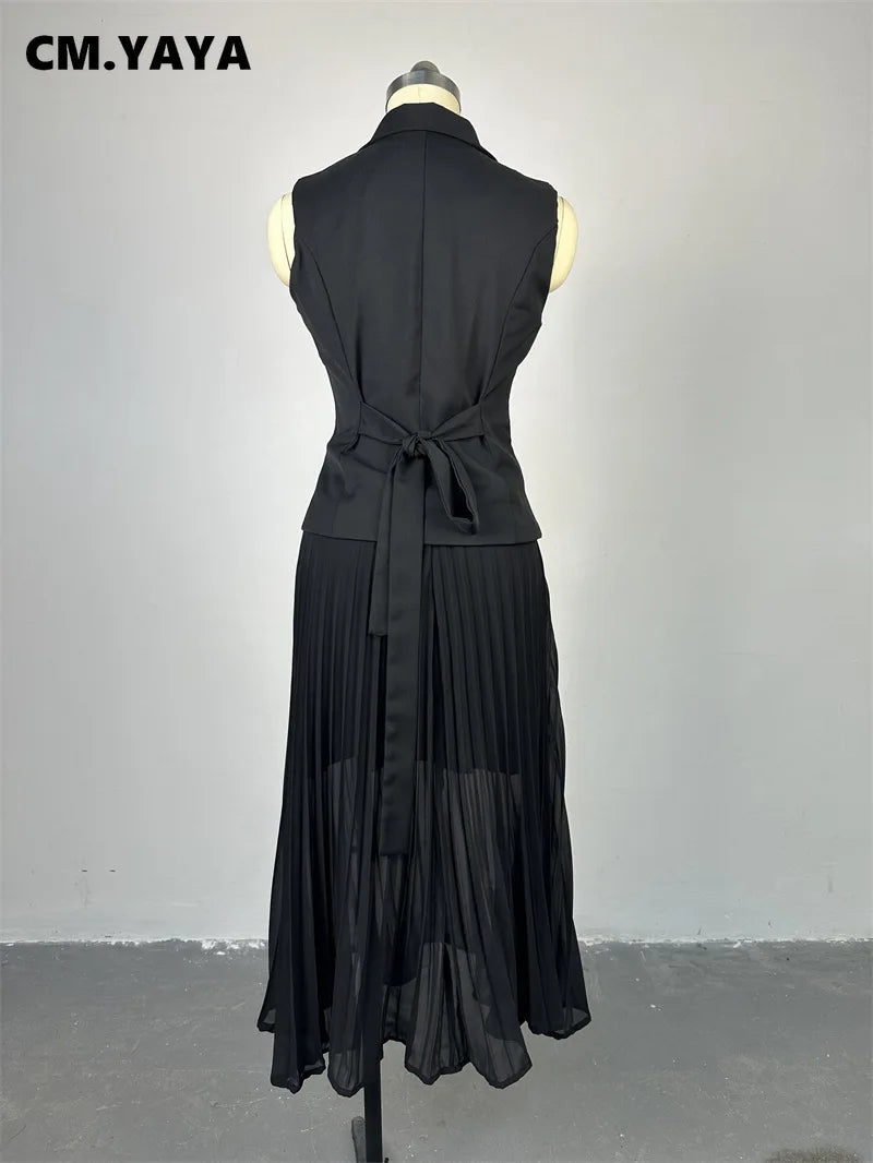 CM.YAYA Street OL Work Women's Set Sleeveless Vest Tops and Pleated Skirts Suit 2024 Summer INS Two 2 Piece Set Outfit Tracksuit