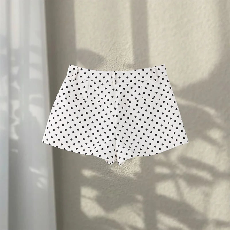 Loose Polka Dot Zipper Women's Shorts Set Stand Collar Patchwork Full Sleeve Pockets Jacket Tie Up Short Pant Suit Summer Outfit