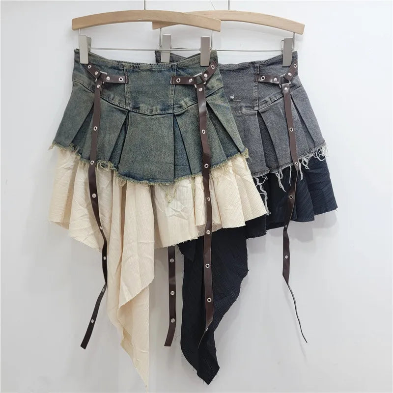 YEAE trendy fashion women's patchwork denim pleated skirt 2024 autumn new high waist strap design A-shaped skirt women