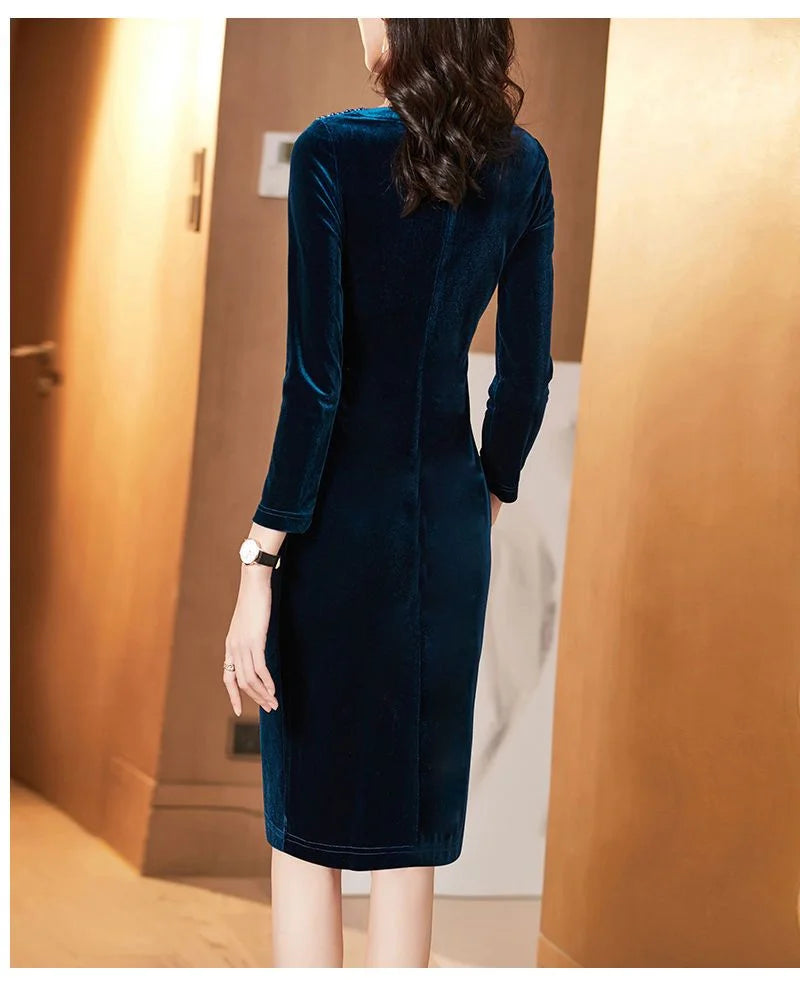 Golden Velvet Dress For Women Spring And Autumn New Fashionable Long Sleeve Dress Velvet Thickened Hip Wrap Dress Nail Bead