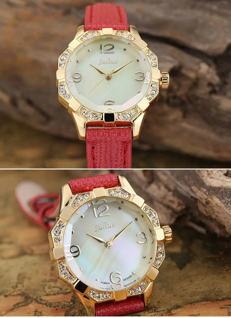 Small Rhinestones Julius Lady Women's Watch Mother-of-pearl Japan Quartz Fashion Hours Bracelet Leather Girl's Gift No Box