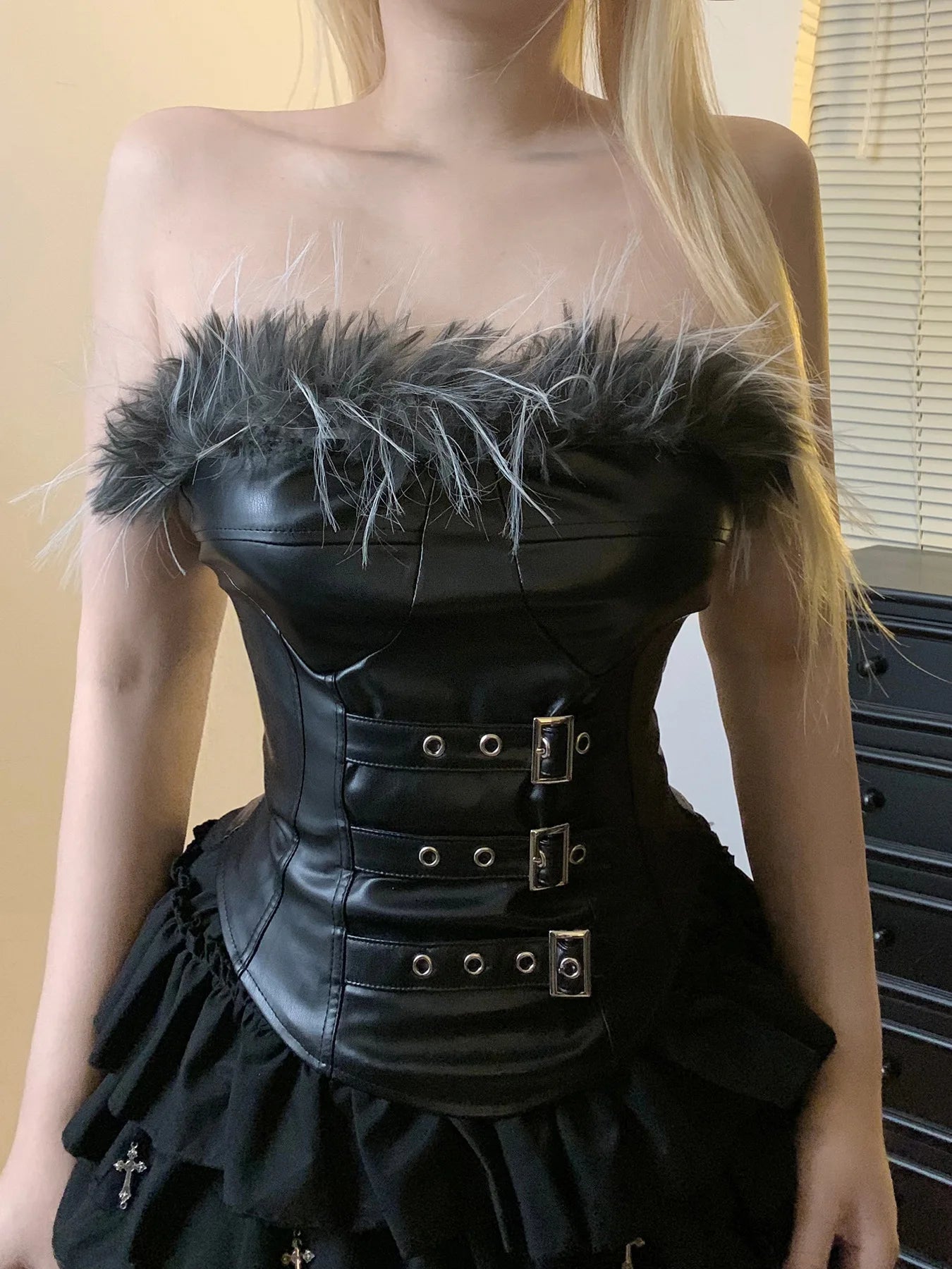 FAGADOER Punk Gothic Sexy Fur Leather Patchwork 2 Pieces Set for Woman Sleeveless Backless Tops and Bubble Puff Skirt Streetwear