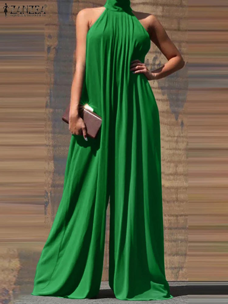ZANZEA 2024 Summer Women Party Elegant Jumpsuits Wide Leg Rompers Solid Color Wide Leg Playsuits Holiday Chic Sleeveless Overall
