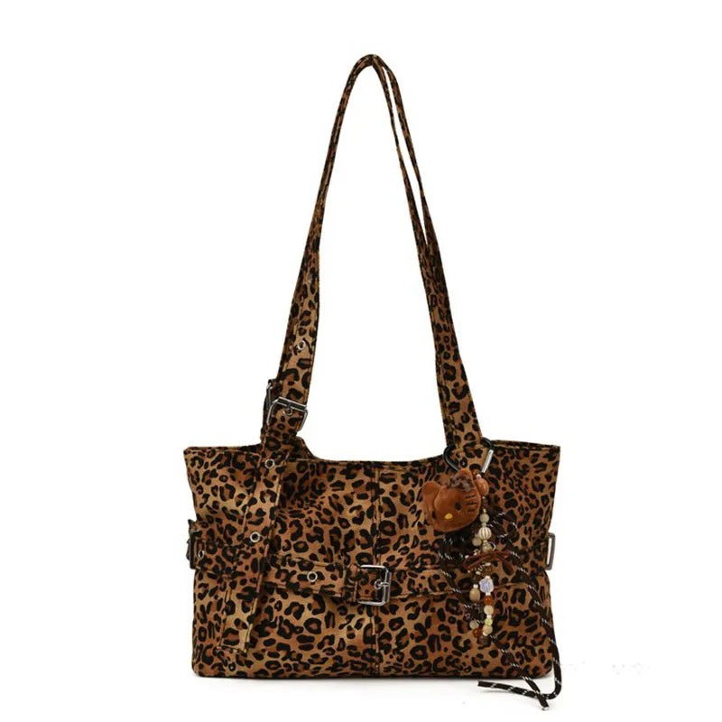 Fashion Versatile Leopard Print Tote Bag Women Large-capacity Canvas Shoulder Bag Work Commuting Relaxing Handbag With Pendant
