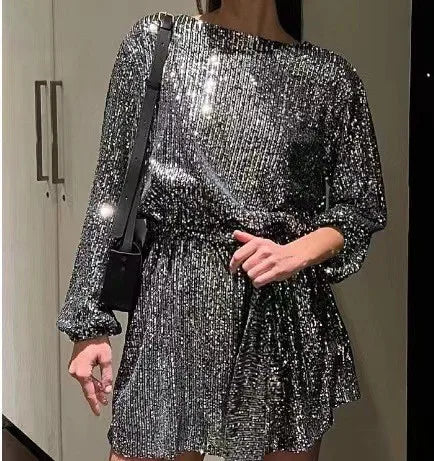 Sparkly Puff Long Sleeve Party Dress with Belt for Women Glitter Beaded Mini Dress Loose Wedding Bridesmaid Ladies Short Dresses