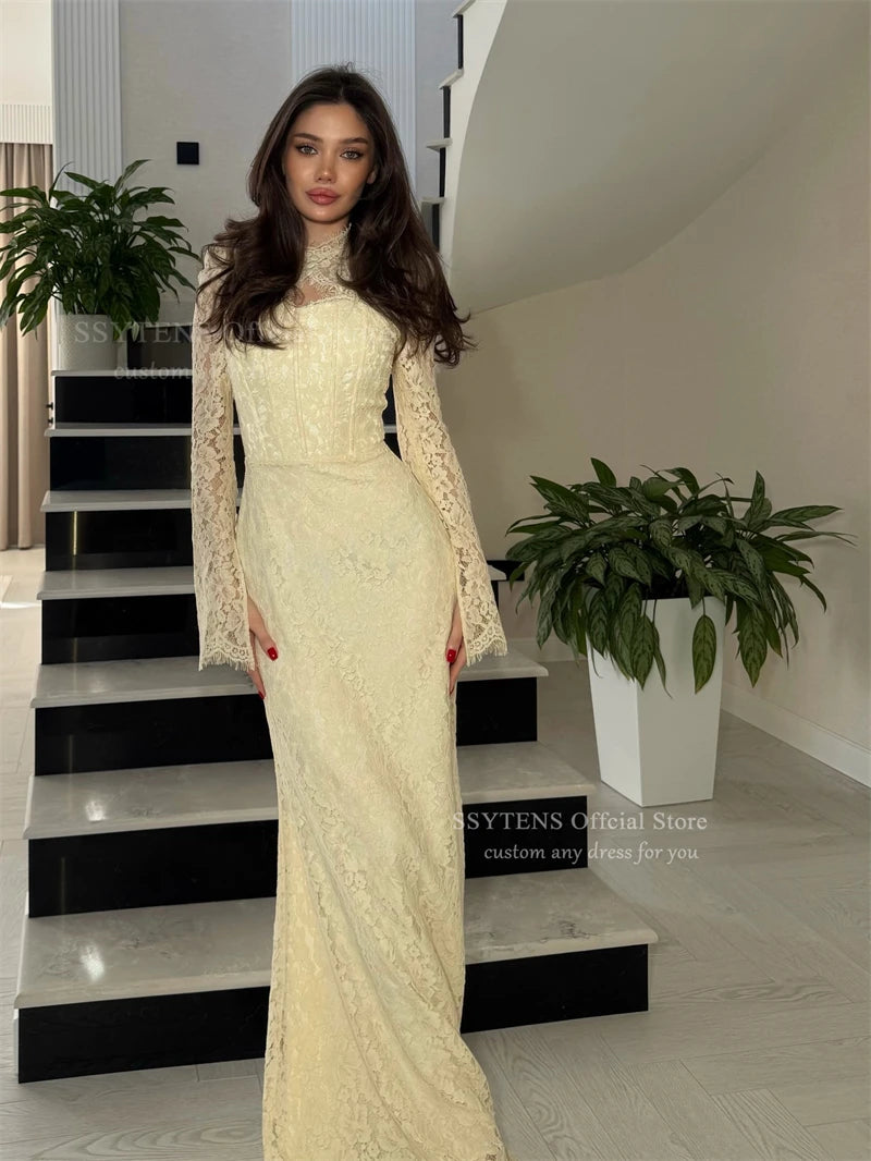 Elegant Yellow Mermaid Lace Evening Dress for Women