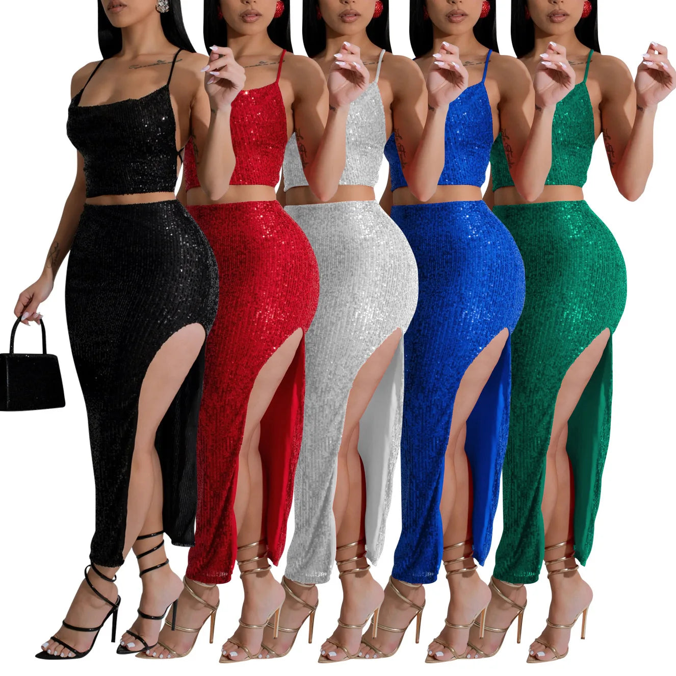 CM.YAYA Women Strapless Sleeveless Sequined Top + Long Skirt Suit 2025 Street Sexy Party Matching Two 2 Piece Dress Sets Outfit