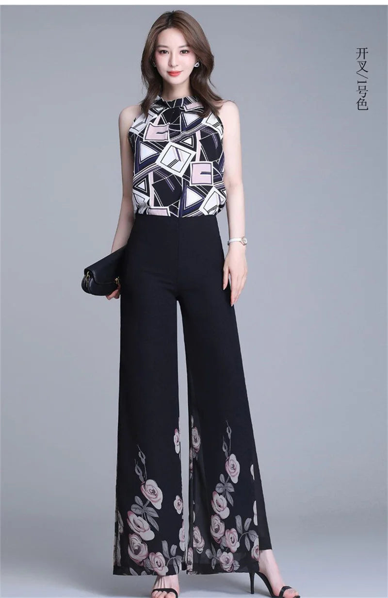 Double Layer Printed Chiffon Wide Leg Pants For Women's Summer New High Waisted Loose Dance Swing Pants Drooping Skirt Pants LA