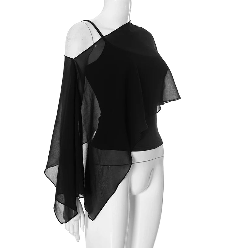 Weird Puss Summer Trend 2 Piece Crop Tops Women Sexy Short Sleeve Camisole+Mesh One-Shoulder Tops Clubwear 2025 Summer Club Tees