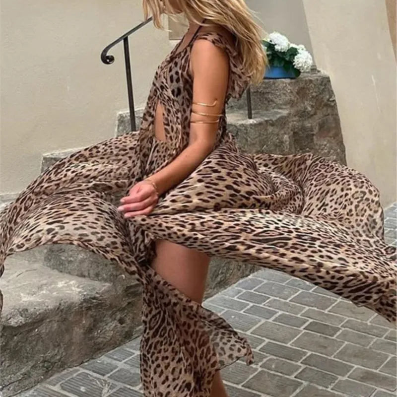 Woman Leopard Print Chiffon Set 2 Piece Summer Sexy Holiday Beach Chic Skirt Two Pieces Set Lady Wear Outfits