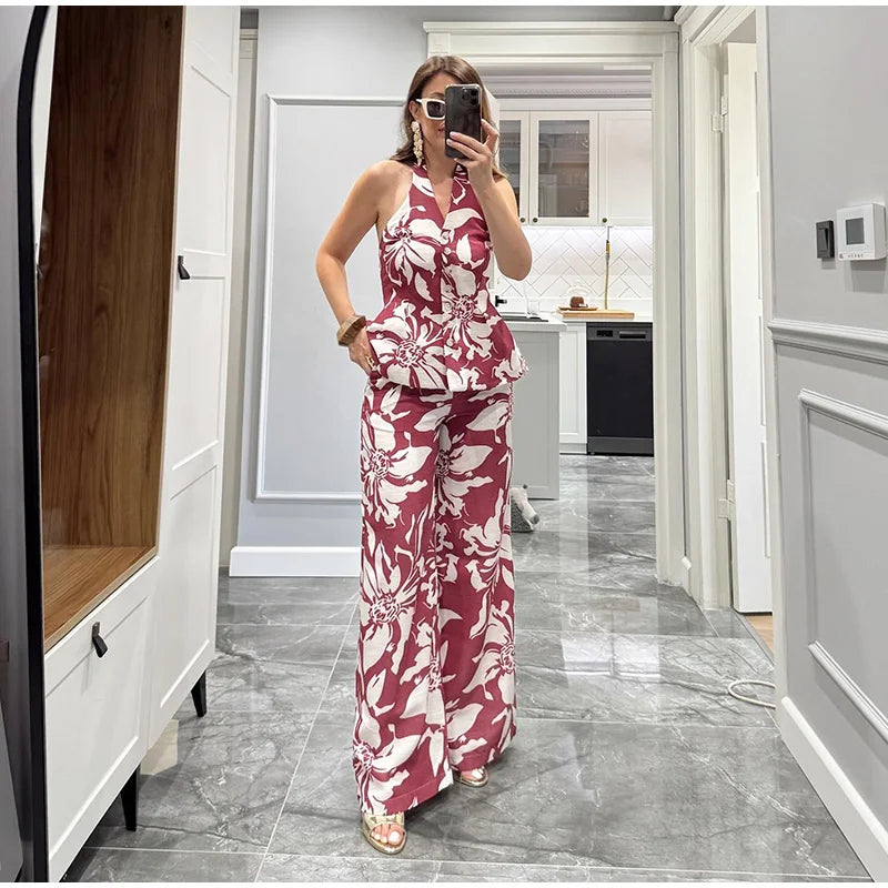 Halter Print Top Pants Set Women Backless Crop Tops Wide Leg Baggy Pants Two Pieces Set Chic Vacation Casual Women Outfit