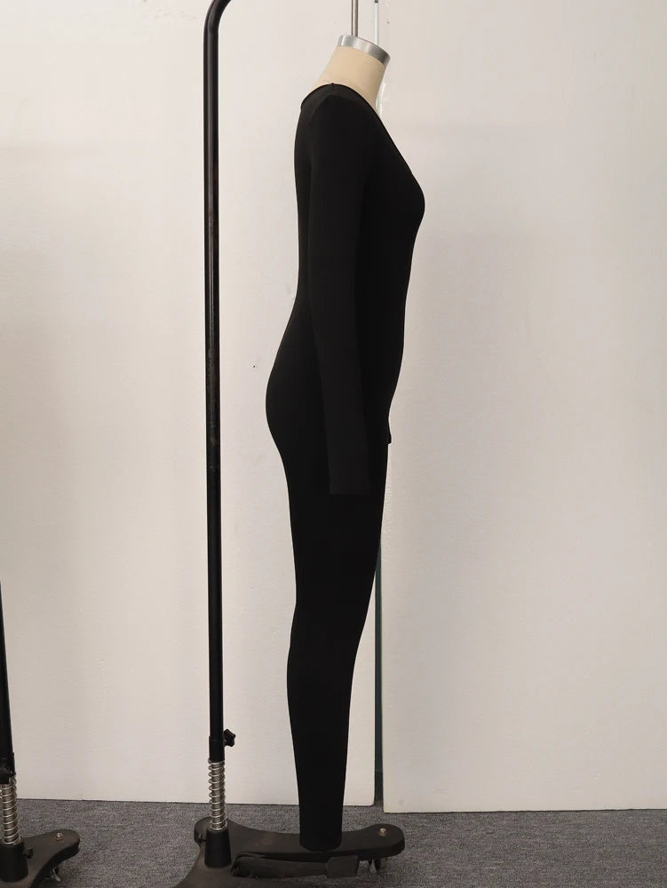 Spring Summer New Women's Long Sleeve Solid Color Skinny Jumpsuit Fashion Sports Fitness Pullover Casual Wear