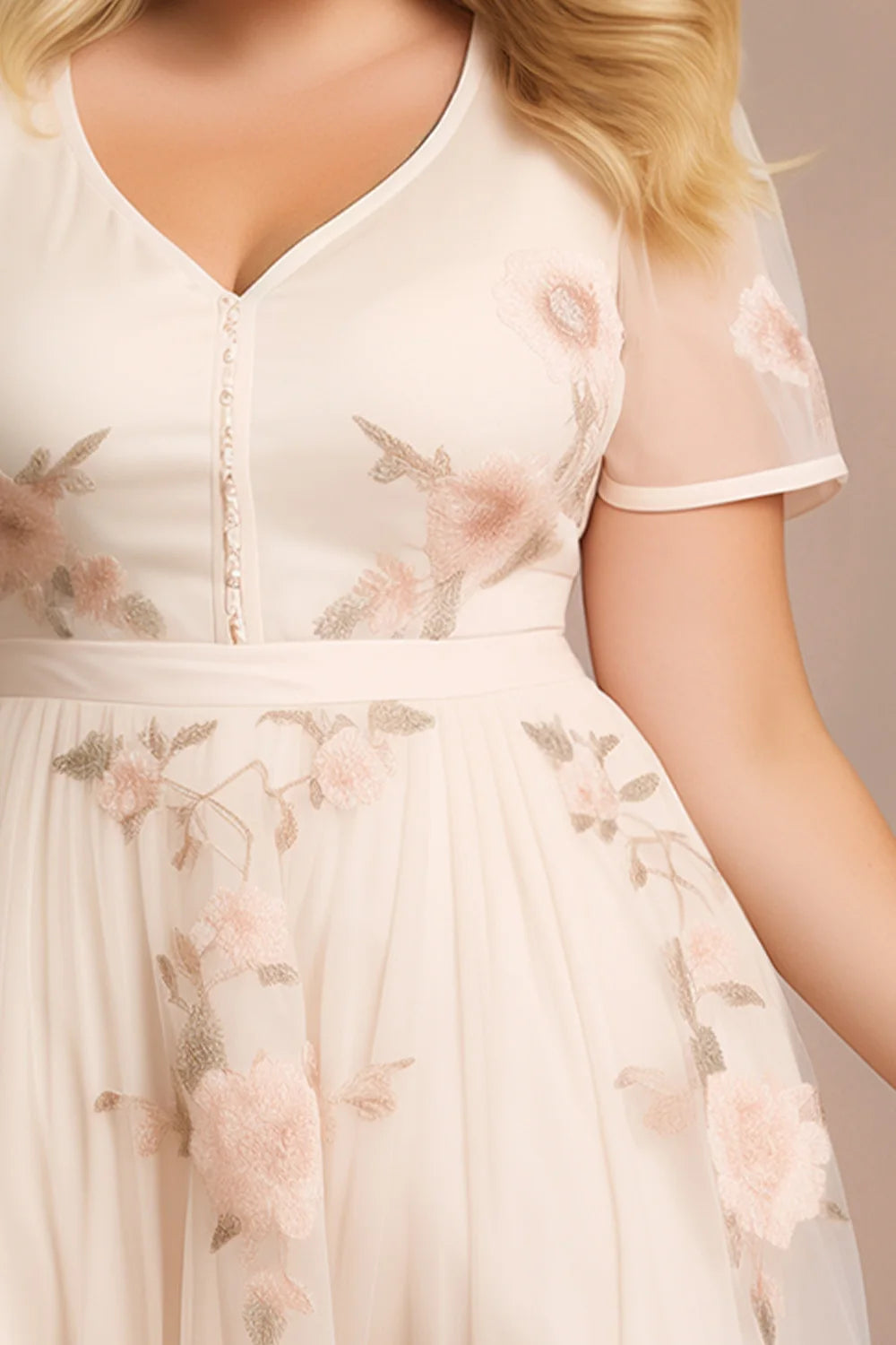 Flycurvy Plus Size Wedding Guest Beige Mesh Button Floral Print Midi Dress