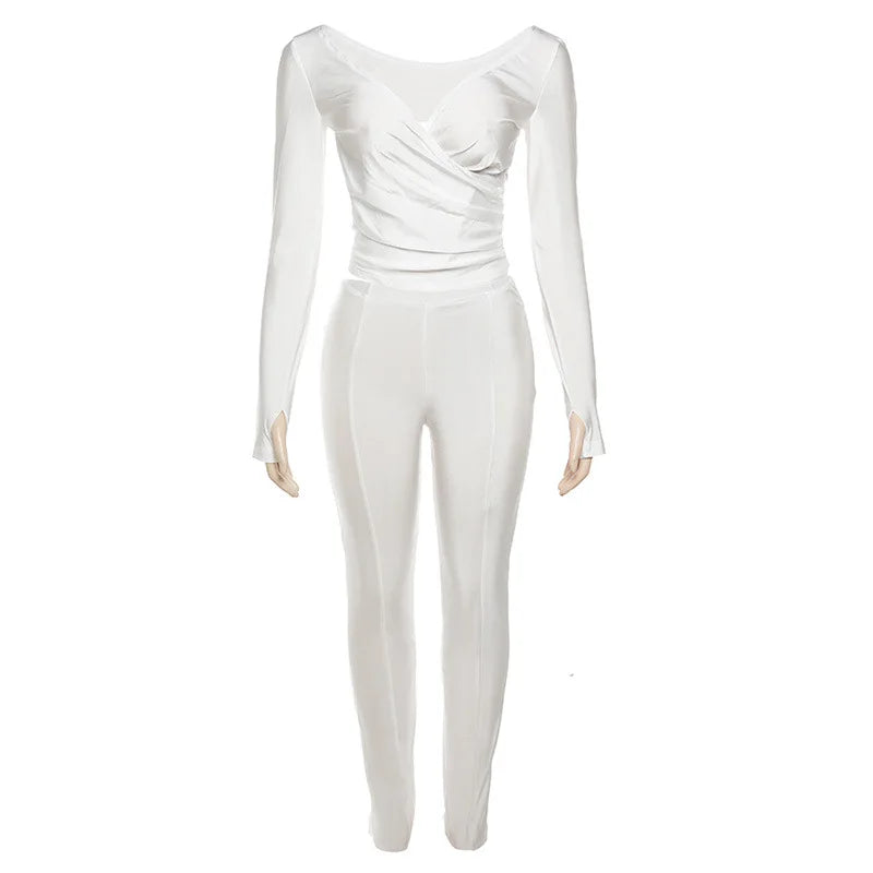 2025 Spring/Summer Women's Sexy Off Shoulder Big V-neck European and American Style High Waist Tight Pants Casual Sports Set