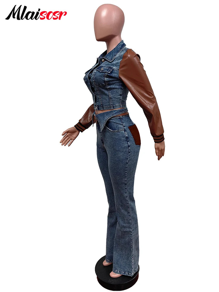 Mlaiscsr Fall Winter Fashion Pu Leather Long Sleeve Patchwork Stretch Denim Jacket and Jeans Pants 2 Piece Set Women Streetwear