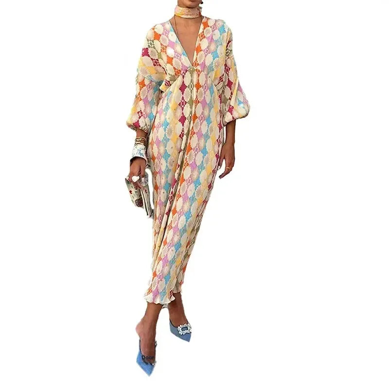 Elegant Printed Long Dress Women's Sleeveless V-neck Lantern Sleeve Midi Dress Cross-Border Fashion Casual Elegant Style