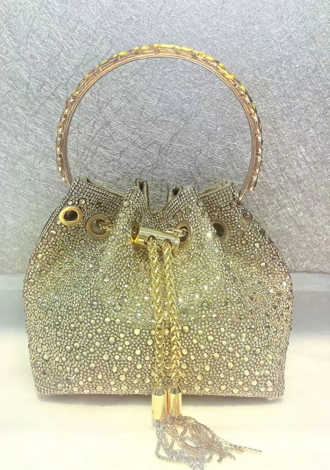 Crystal Shiny Diamonds Bucket Bag Fashion Women Handbag Metal Ring Handle Evening Bag Wedding Party Clutch Purse Crossbody Bag