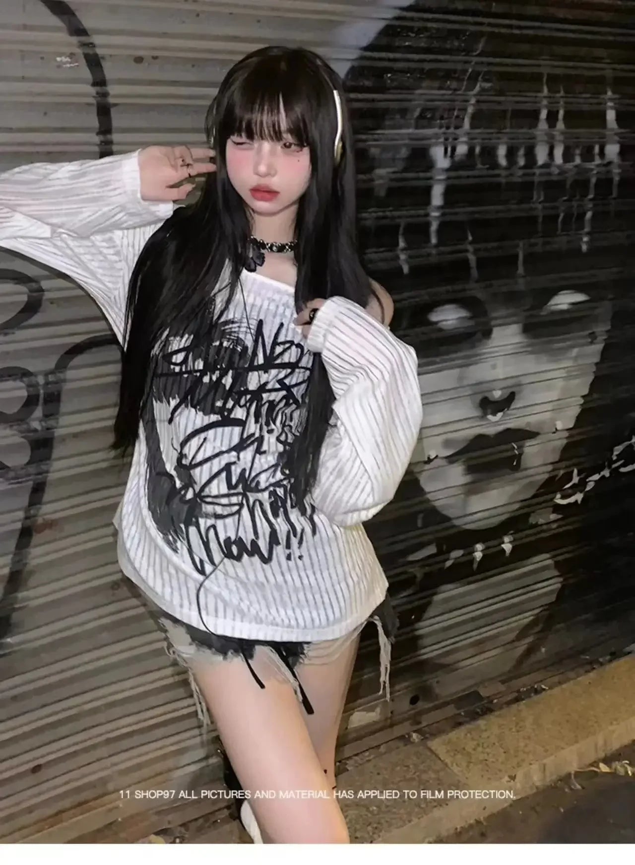 White Inner Long Sleeve T-Shirt Women's Graffiti Printing Sun Protection Cover Up Loose-Fit Knitted Top Pure Desire Top
