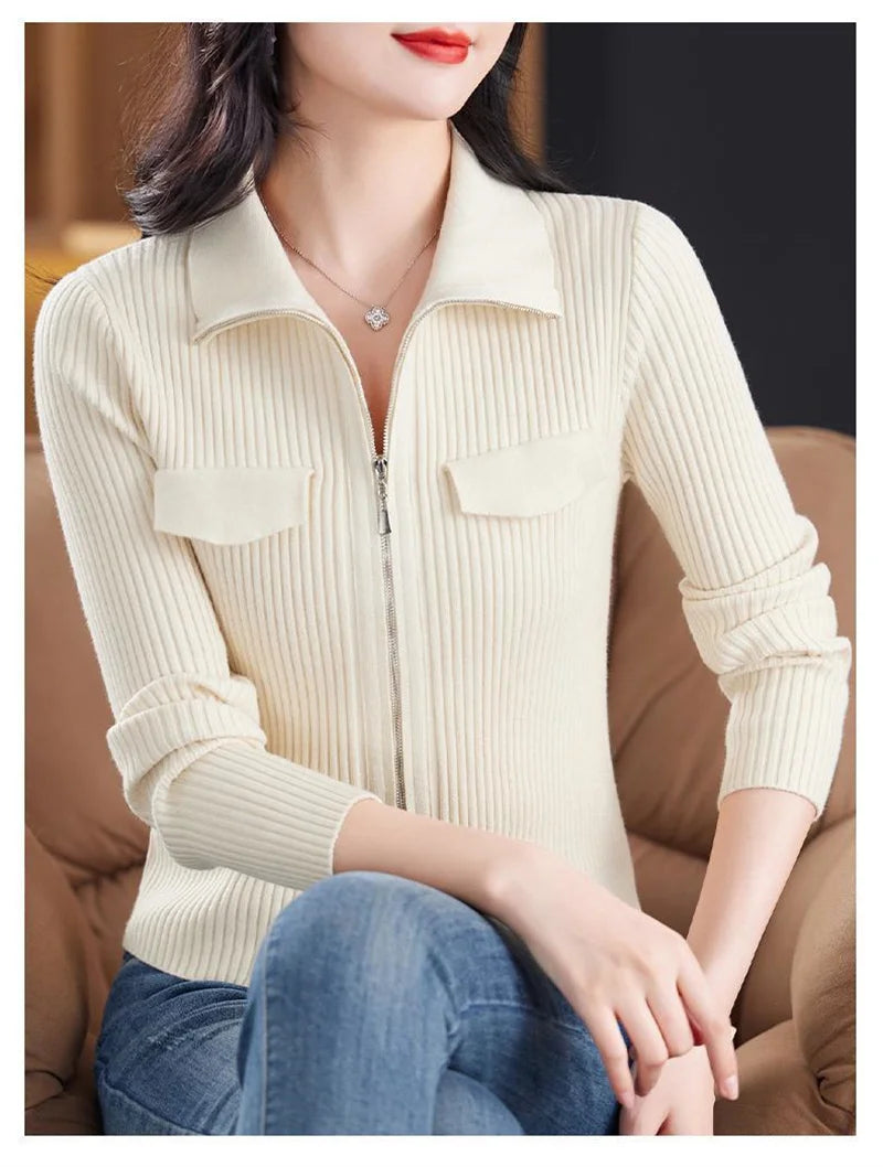 Fashion Zipper Short Knitted Cardigan Sweater 2025 Spring Autumn New Korean Versatile Coat Top Turn-Down Col Sweater Solid Color