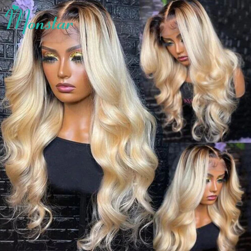 13x6 Lace Frontal Wig Brazilian Straight Full Lace Human Hair Wig 2 Tone Dark Root 1B 613 Ombre Blonde Lace Front Wigs for Women