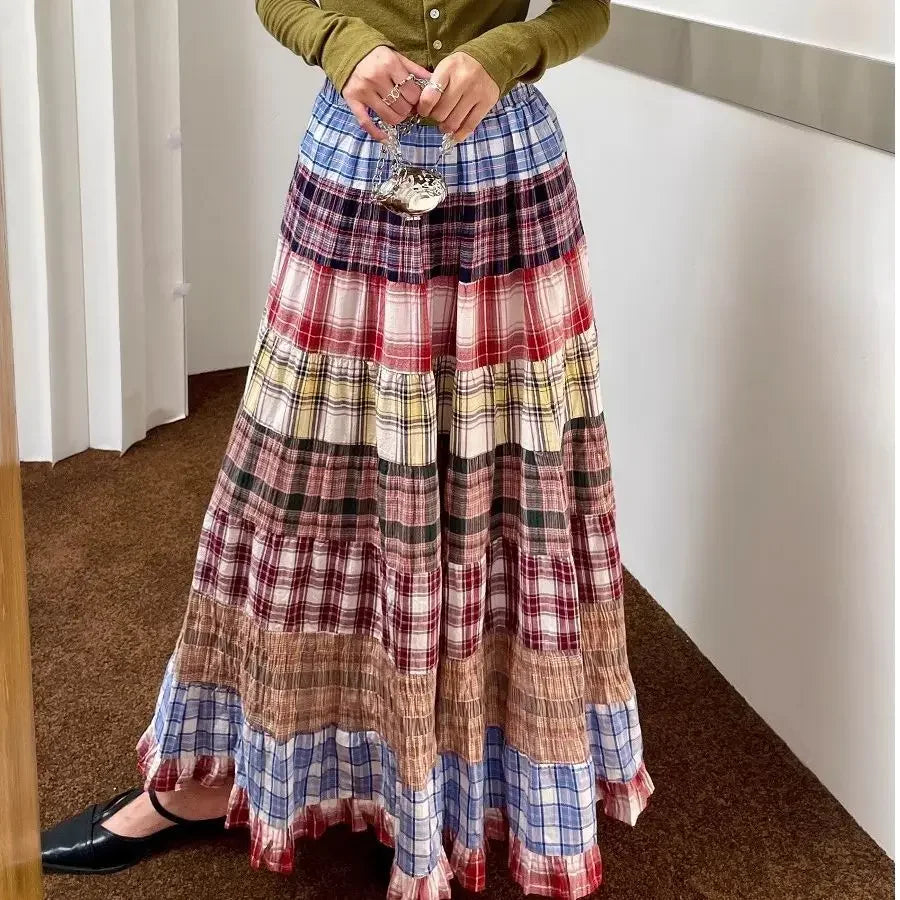 High Waist Plaid Patchwork A- Line Midi Skirt Women's Spring 2025 New Design Retro Unique Long Umbrella Skirt Polyester Fiber