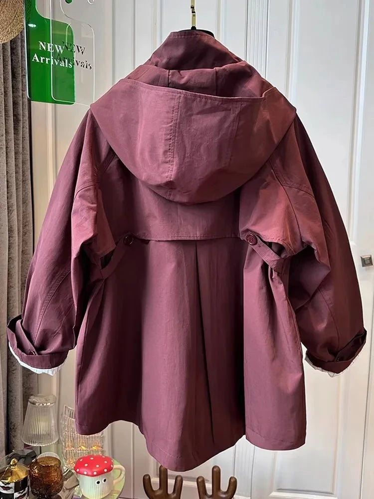 Fem Cotton Trench Coat For Women Casual And Versatile Loose And Slimming Autumn Simple Hooded Long Jacket For Women Windbreaker
