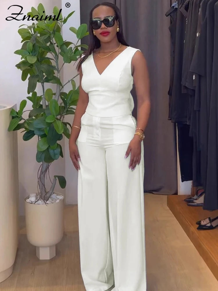 Znaiml Casual Wide Leg Pants Set Women Summer Sleeveless V Neck Backless Bowknot Tops Two 2 Piece Outfits Elegant Vacation 2025