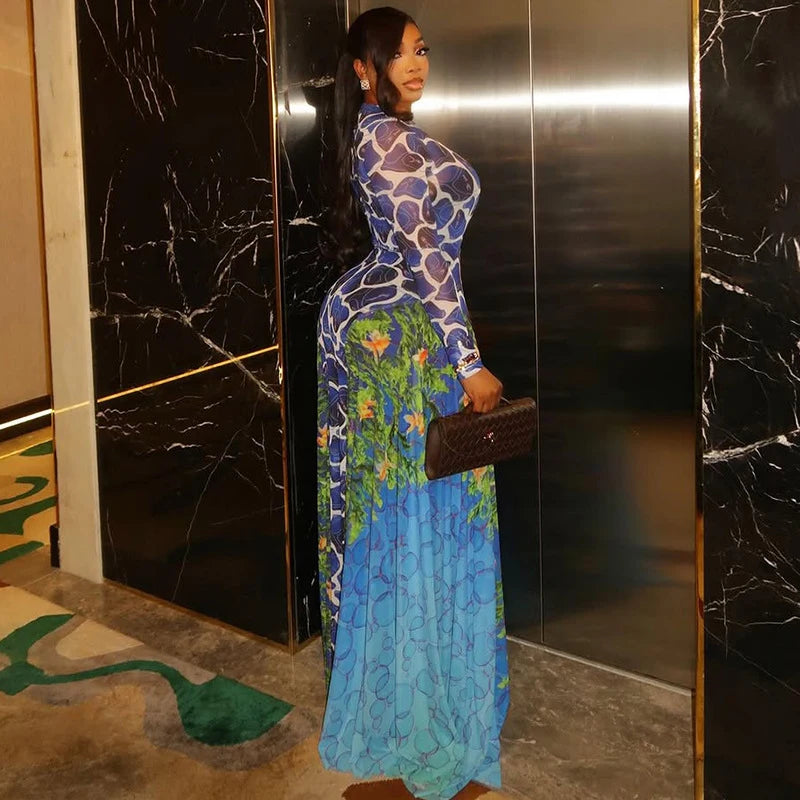 Doyerl Sexy Mesh Sheer Long Sleeve Maxi Dresses Women Spring Autumn Stretchy Print Patchwork A-line Club Party Birthday Dress