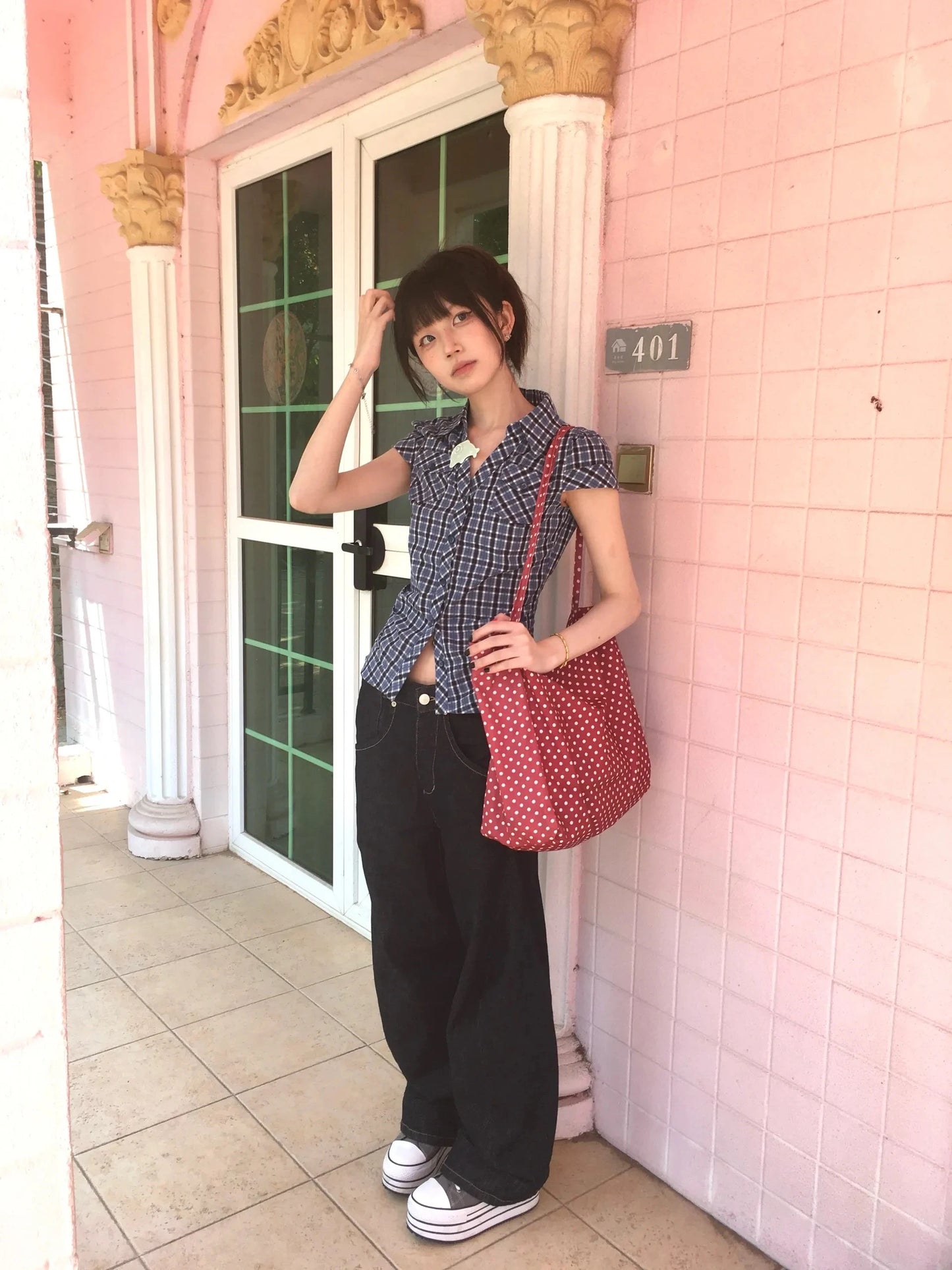 Karrram Japanese Y2k Plaid Shirt Vintage Harajuku V-neck Blouses Korean Fashion Women Short Sleeve Shirts 2000s American Retro