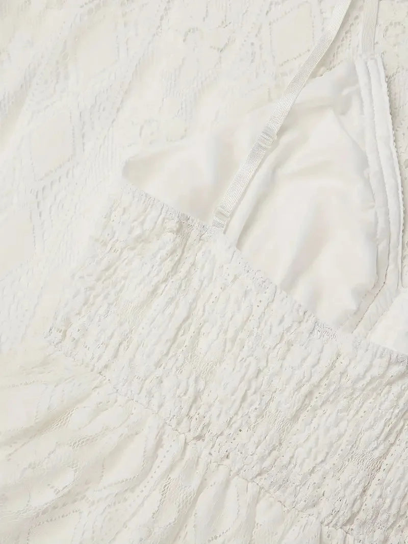 Summer Women Lace Strapless Flared Maxi Dress Solid White Long Dress Sleeveless V Neck Flowy Ruffle Bohemian Dresses