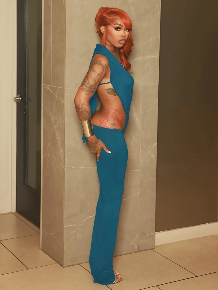 Weird Puss Hipster 2 Piece Set Women Sexy Deep V-Neck Hollow Bandage Bodysuit+Flare Pants Summer Midnight Matching Clubwear Suit