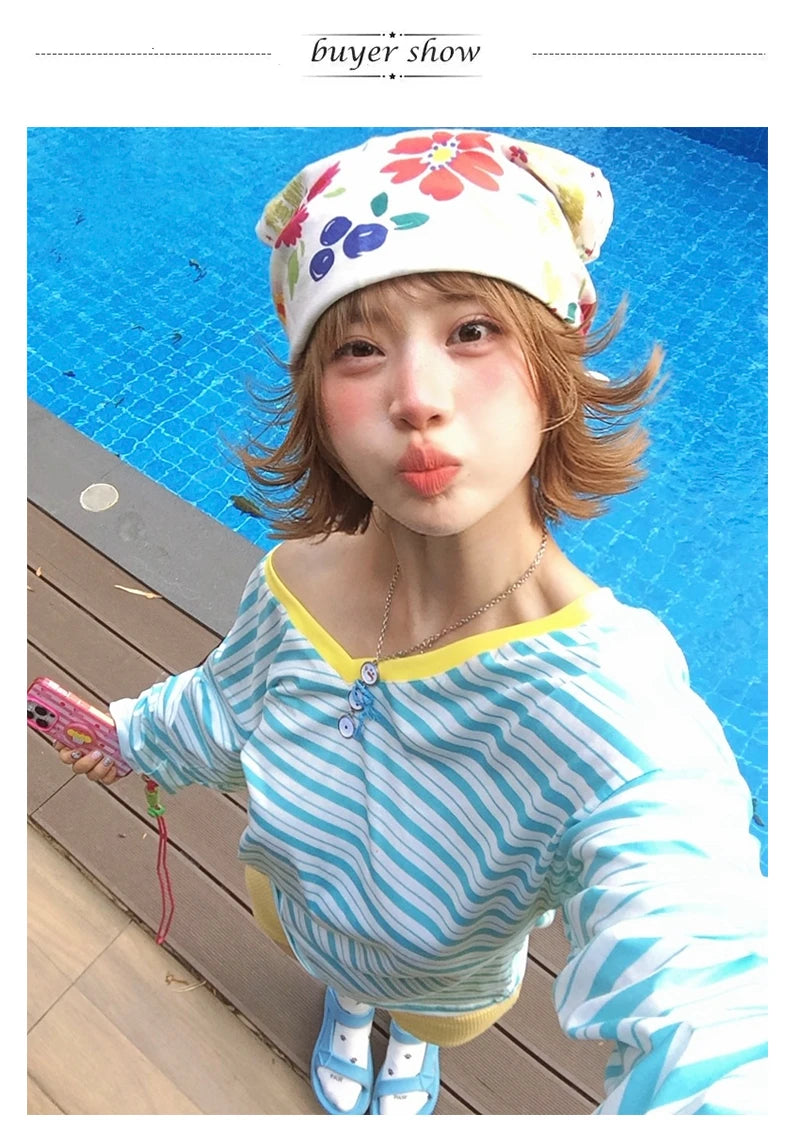 Karrram Japanese Y2k Blue Striped T-shirt Korean 2000s Style V-neck Long Sleeve T Shirt Vintage Harajuku Off Shoulder Loose Tops