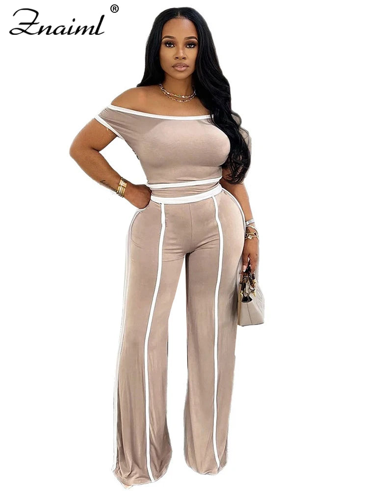 Znaiml Casual Solid Color Wide Legs Pnats Set for Women Diagonal Shoulders T-Shirt Crop Tops and Trousers Two Pieces Suit Outfit