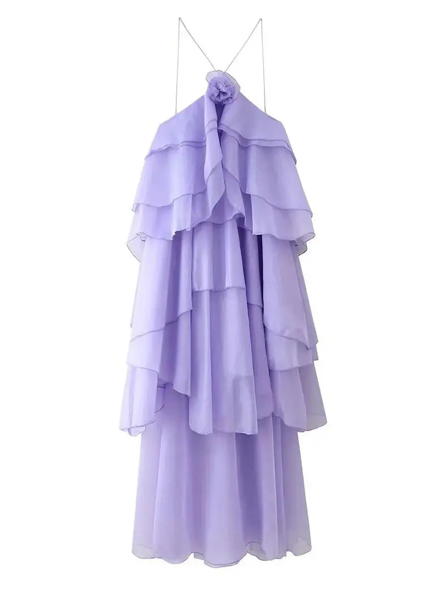 Backless 3D Flower Cascading Ruffle Halter Maxi Dress For Women