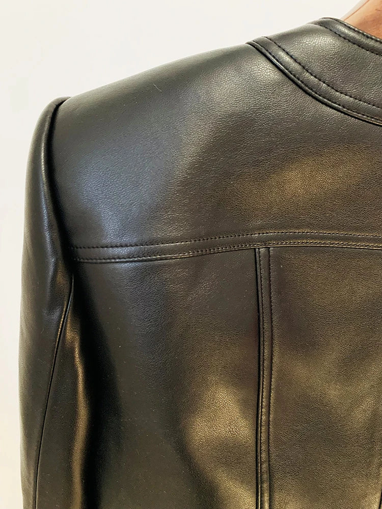 HIGH STREET Newest Fashion 2025 Designer Blazer Women's O-neck Rope Lace-Up Trimmed Artificial Leather Jacket