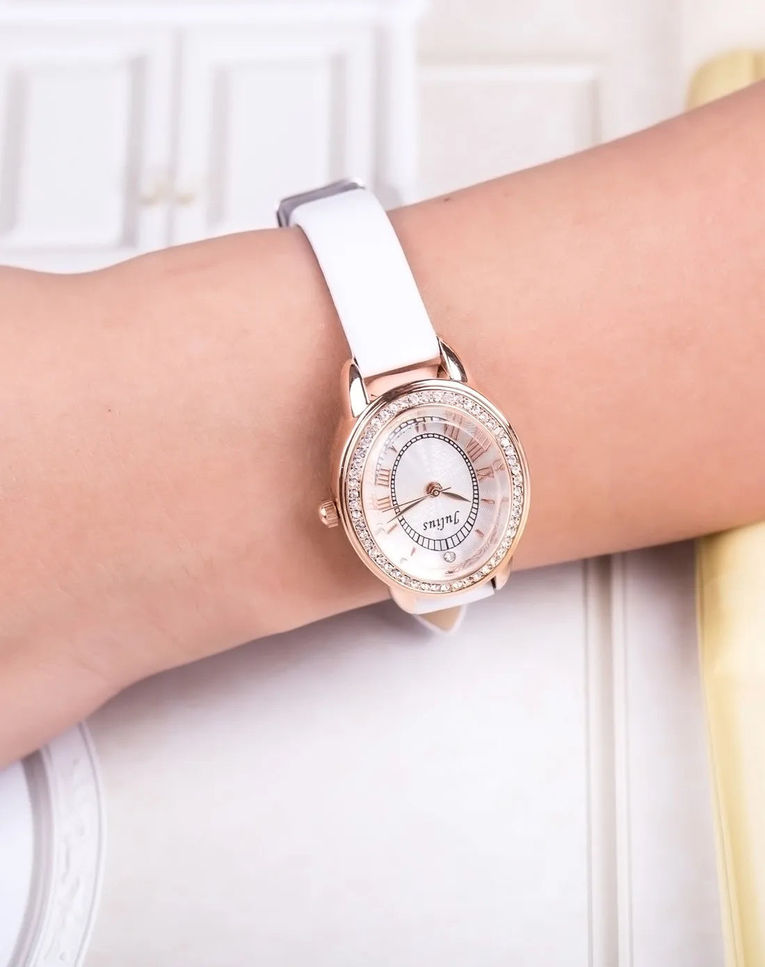 Small Oval Rhinestones Julius Lady Women's Watch Japan Quartz Elegant Fashion Hours Bracelet Leather Girl's Gift Box