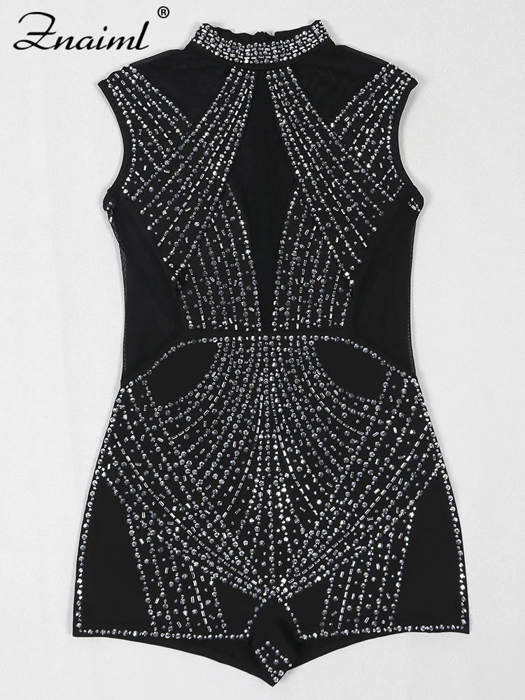 Znaiml Women's Short Jumpsuits Black Rhinestone Sleeveless Romper Birthday Mesh See Through Skinny One Pieces Playsuits Clubwear