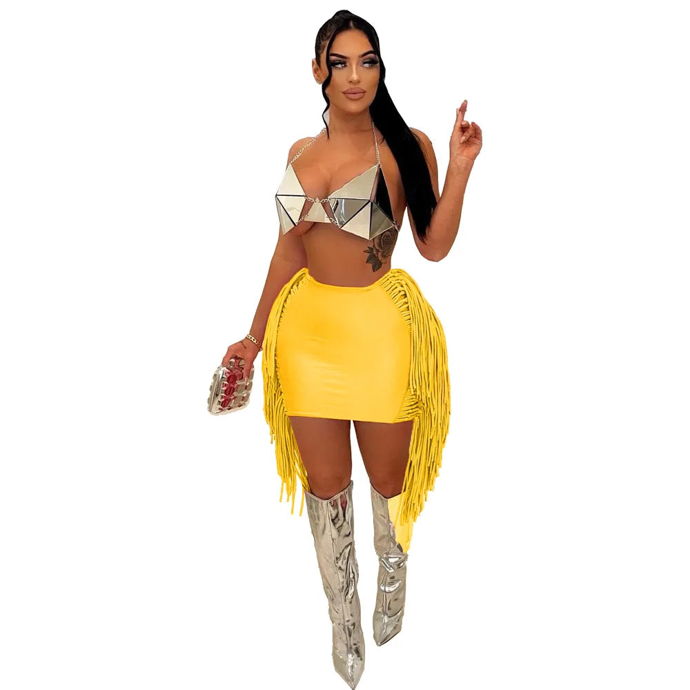 FAGADOER Sexy Tassel Bodycon Mini Skirts Party Club Outfits Women Fashion Chic Streetwear Short Birthday Holidays Skirt Solid
